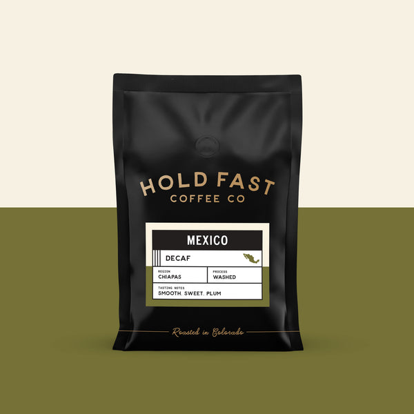 Hold Fast Coffee Co. decaf coffee package on a green and beige background